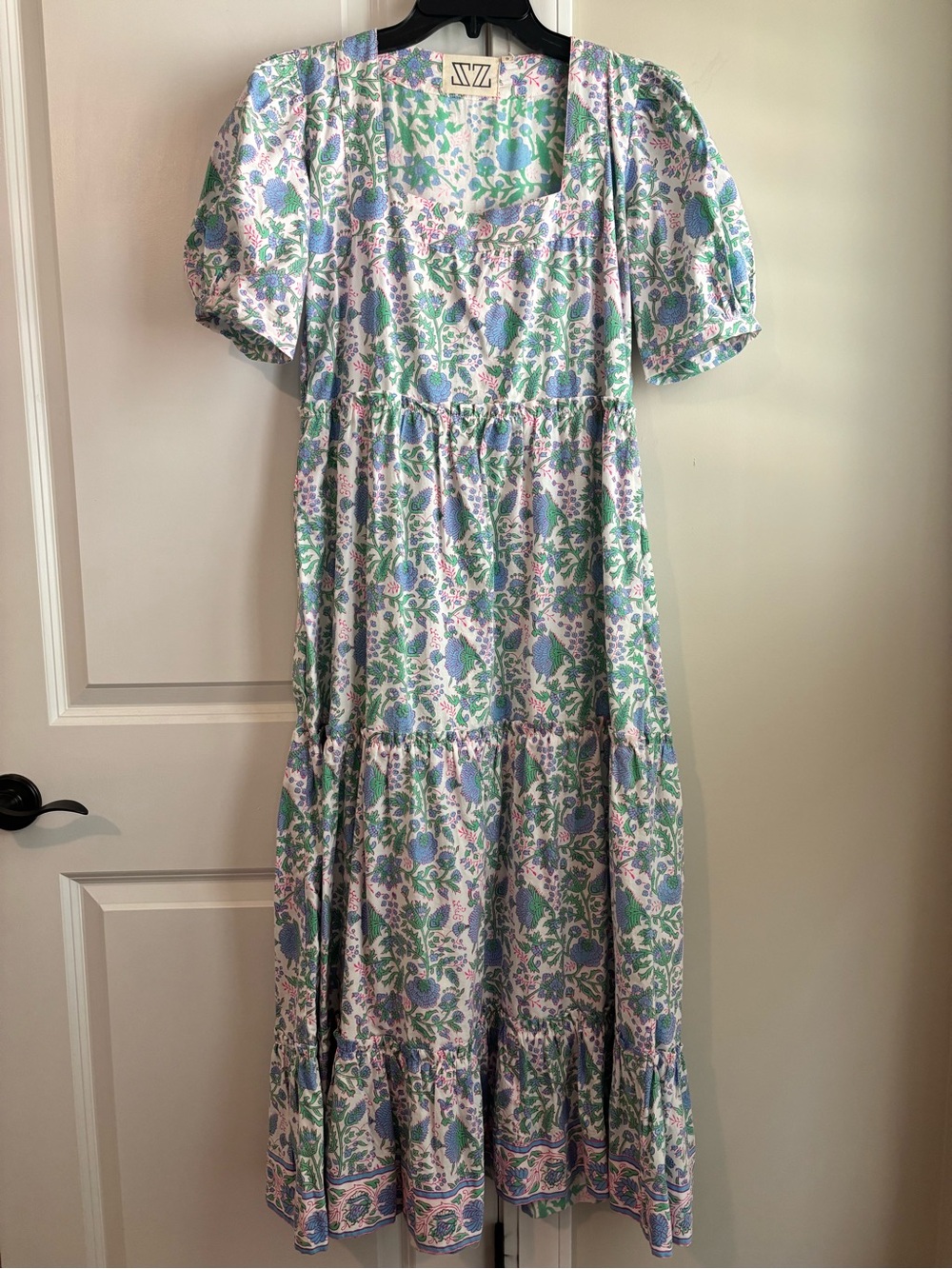 SZ Blockprints Floral Tiered Maxi Dress in Pastel Blue & Green